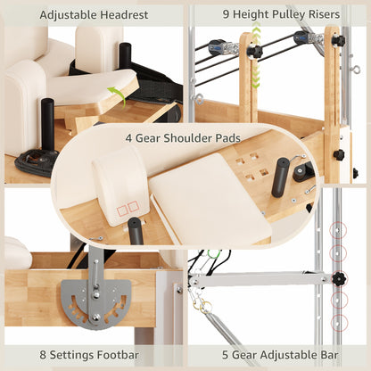 Premium 3-In-1 Wood Pilates Reformer with Cadillac Trapeze, 800Lb Capacity Home Gym System with Jumpboard, Sitting Box And Complete Set of Additions
