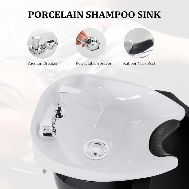 OmySalon Shampoo Sink for Salon, Hair Wash Chair with White Porcelain Shampoo Bowl, Electric Shampoo Station Backwash Barber Chair, Beauty Spa Massage Hairdressing Equipment