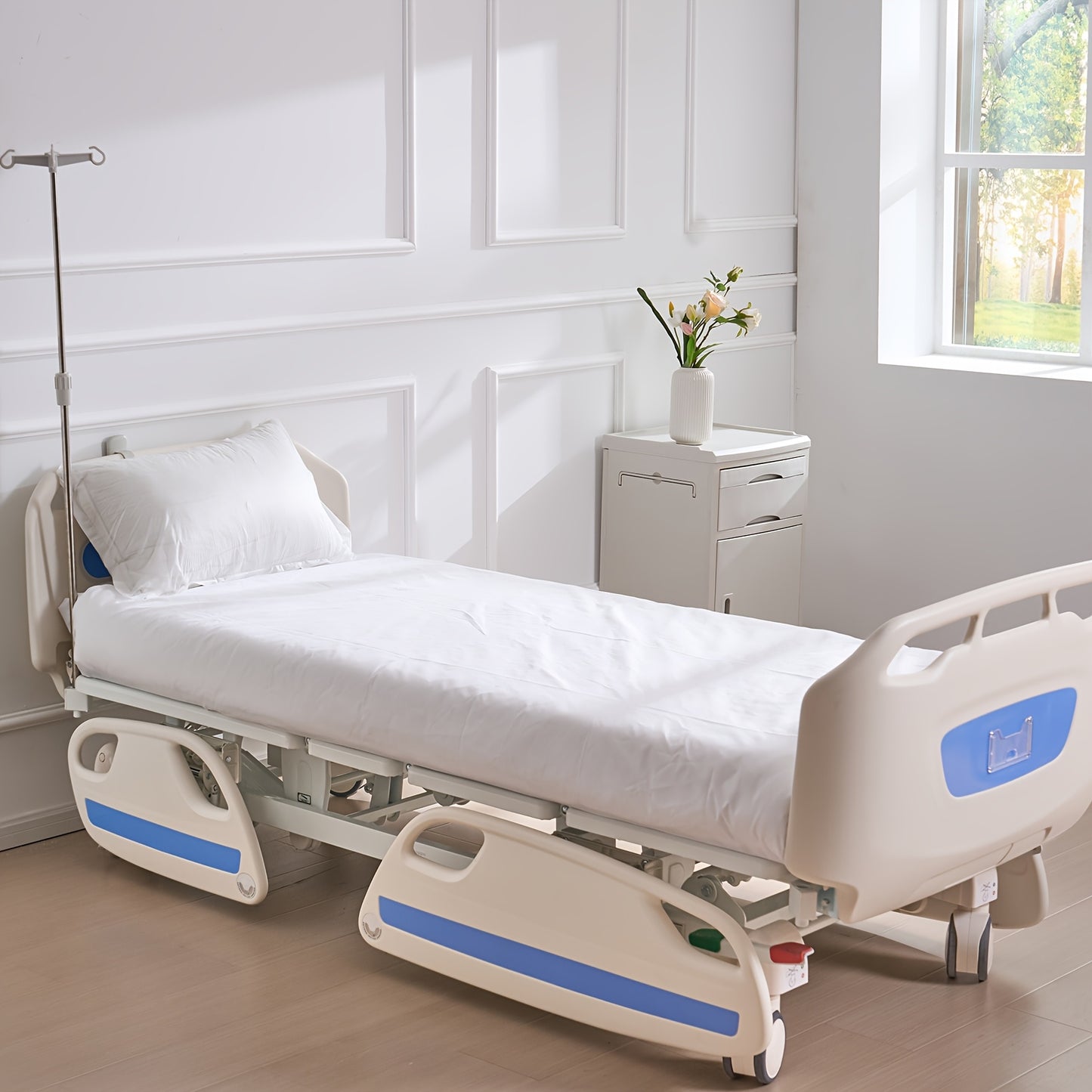 Happybuy Premium 5-Function Full Electric Hospital Bed, ICU Electric Bed With Trendelenburg & Reverse Trendelenburg, 5-Inch Locking Casters & IV Pole, 550LBS Capacity For Home & Hospital Use