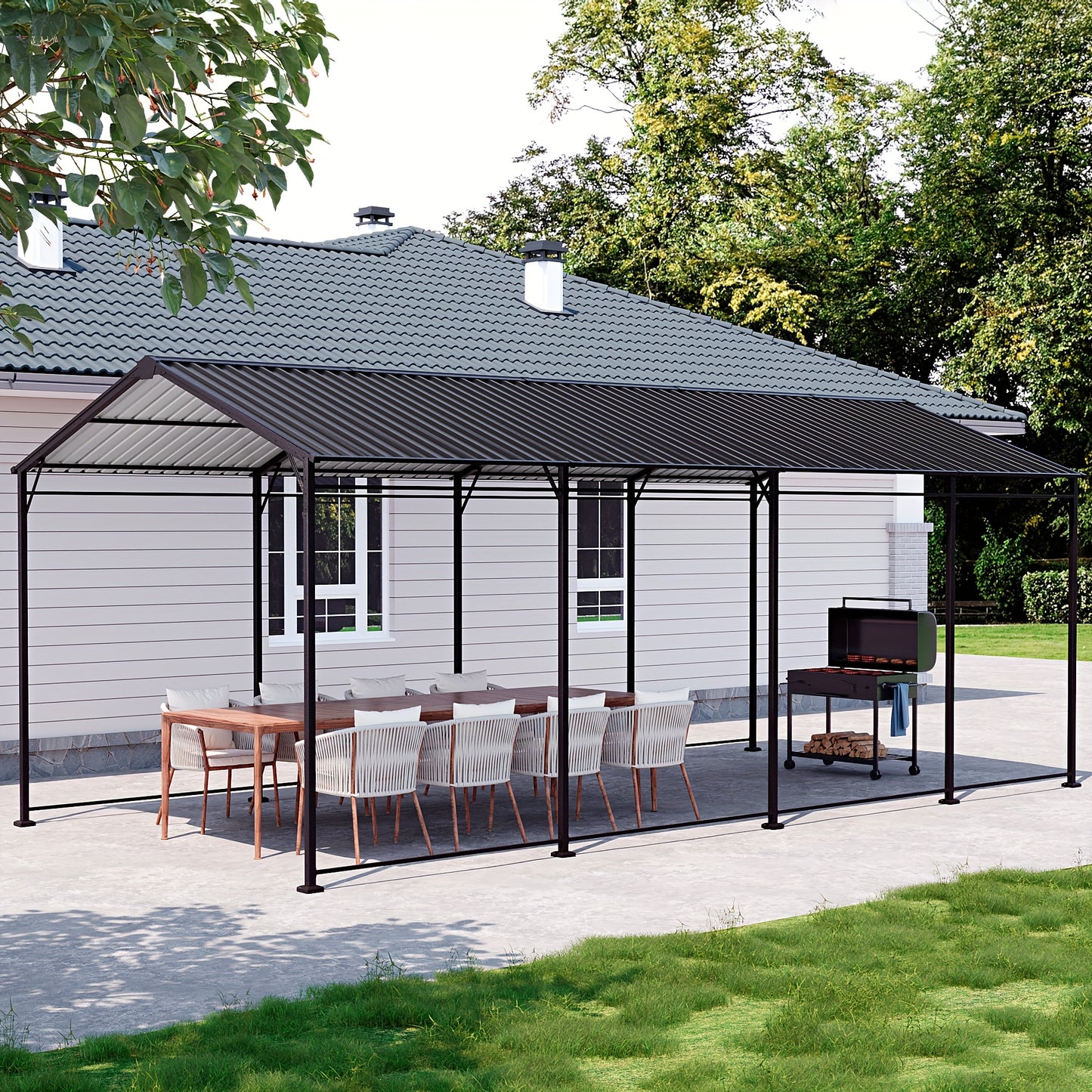 10x20ft Flat Roof Carport, Heavy Duty Iron Garage For Car, Truck, SUV - Dark Grey Outdoor Vehicle Shelter With Straight Top, Parking Canopy For Driveway, RV, Boat