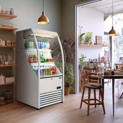 Refrigerator for Commercial Displays in Restaurants, a Grab-And-Go Showcase for Cafes And Shops, Featuring a 6.7 Cu. Ft. Capacity And a Vertical Air Curtain Design Measuring 27.6 Inches