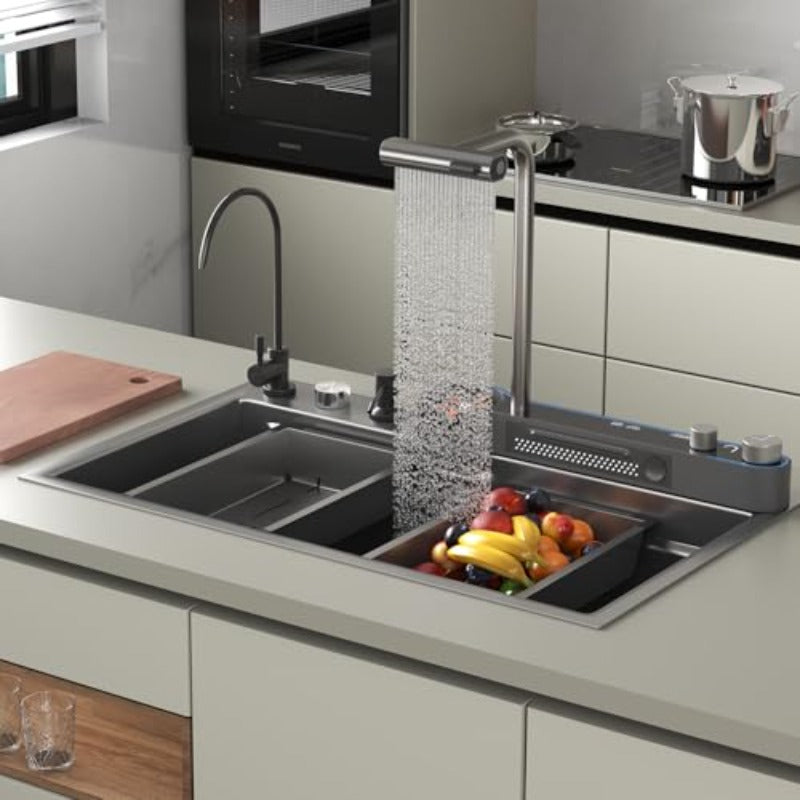 33x22x10in Black Smart Kitchen Sink Digital Display Ambient Light Multifunction Waterfall Kitchen Sinks 8 Gauge Metal Black Stainless Steel Single Bowl Workstation Sink with Soap Dispenser