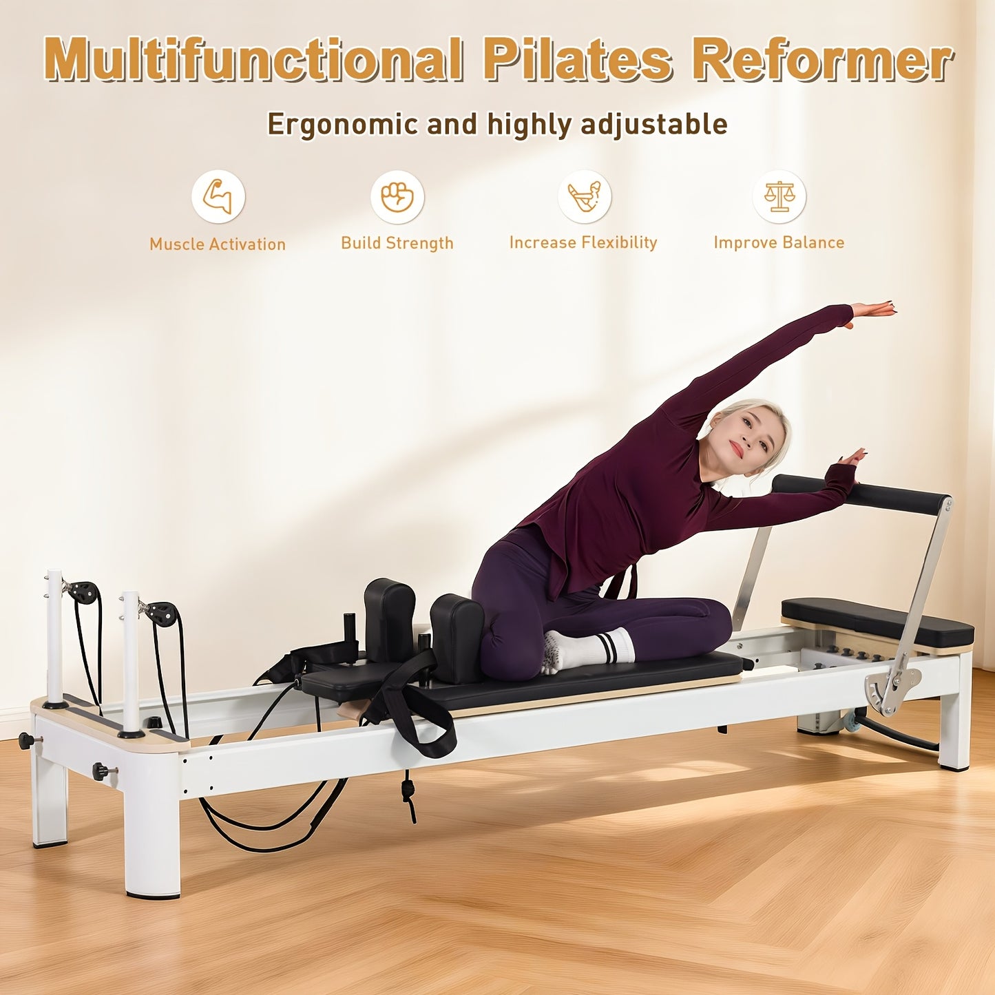 Pilates Reformer Machine, 95" Foldable Studio Grade Pilates Equipment with Adjustable Reformer Heights for Gym, Studio And Home, Pilates Reformer with Jump Board
