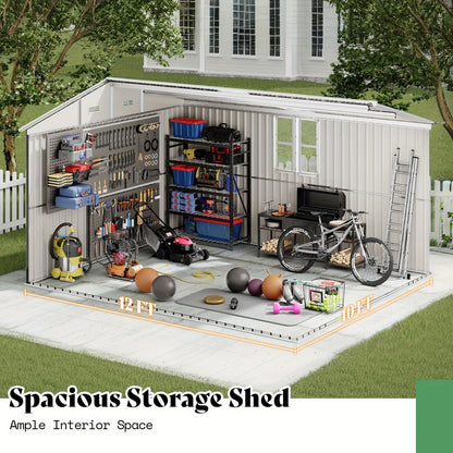 Jocisland 10X12X7 FT Galvanized Steel Storage Shed with 2 4-Pane Windows Hinged Double Doors, Outdoor Shed for Backyard, Garden, Patio