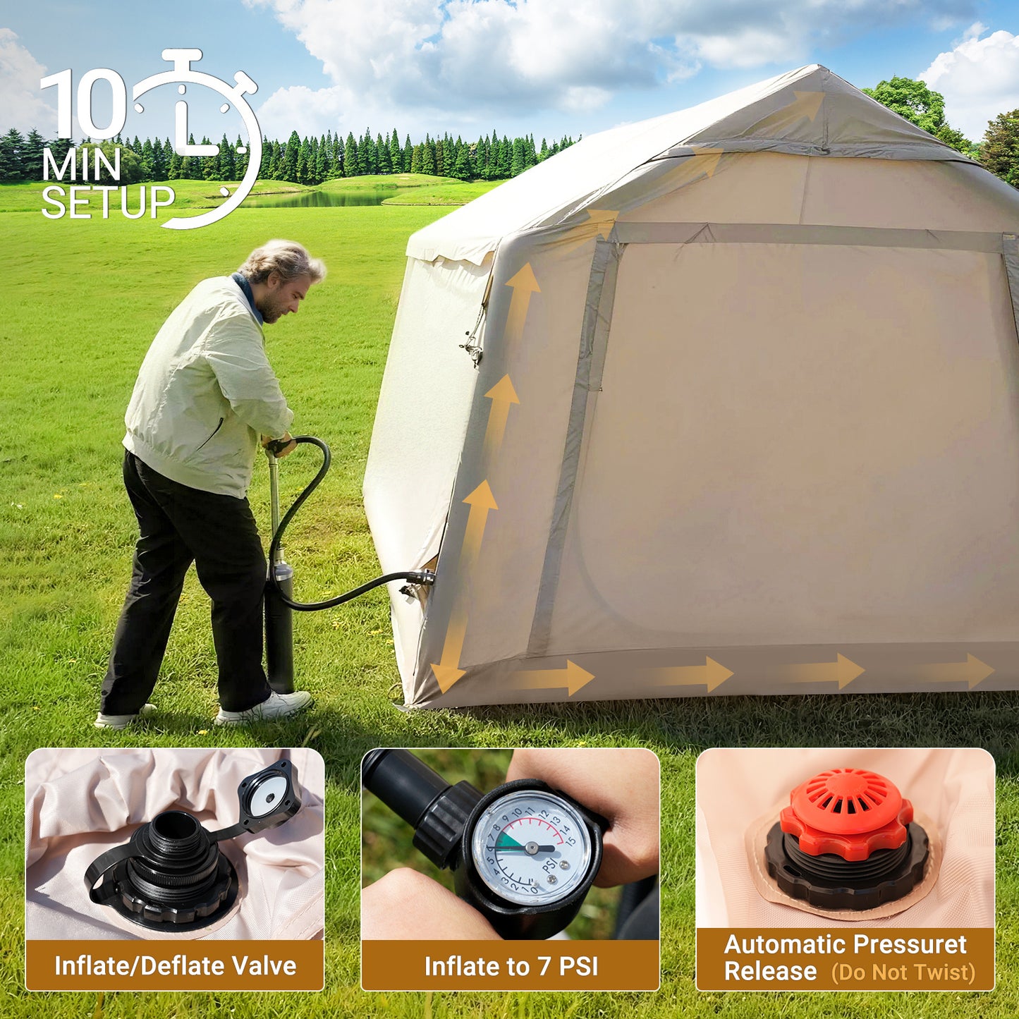 12 Person Inflatable Camping Tent, Easy Setup Blow Up Tent with Hand Pump, PU3000mm Waterproof & Breathable 4 Season Glamping Tent for Outdoor Camping