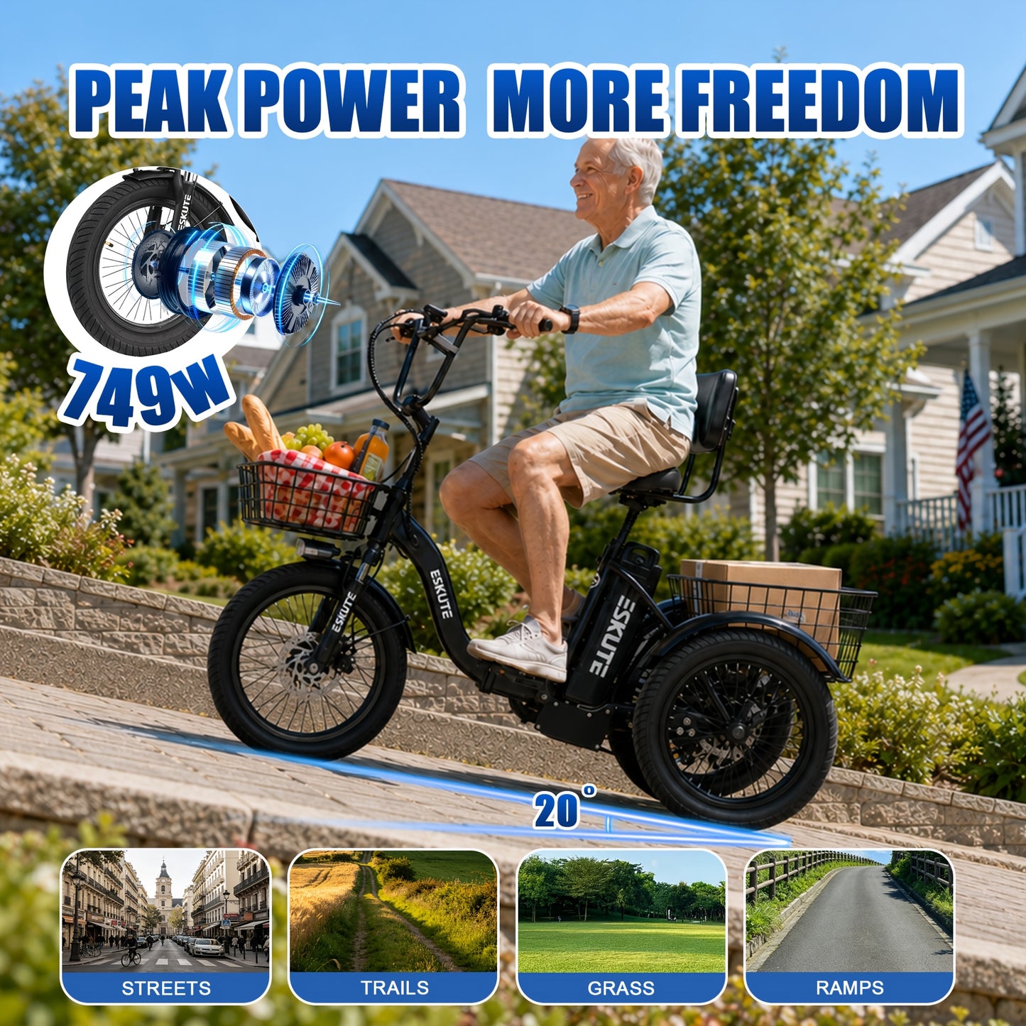 ESKUTE Tricycle for Adults, Folding Trike 18X3.0 Tire Ebike, 624Wh(48V 13AH) Removable Battery, Step-Thru 3 Wheel Electric Bicycle, Up to 55 Miles, Unisex