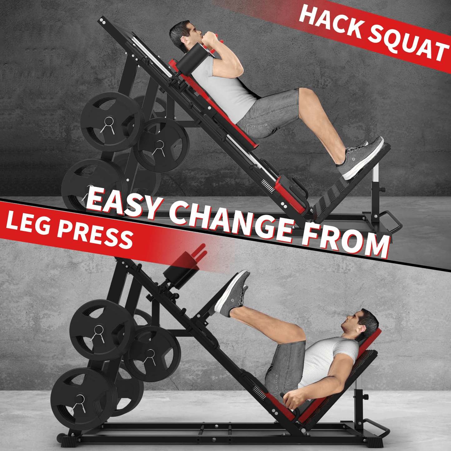 Leg Press Hack Squat Machine, Adjustable Leg Machine, Lower Body Special Leg Machine Hack Squat + Leg Press Combo with 11-13" Shoulder Width, 3-Level Safety Stops & Calf Raise Block for Home Gyms
