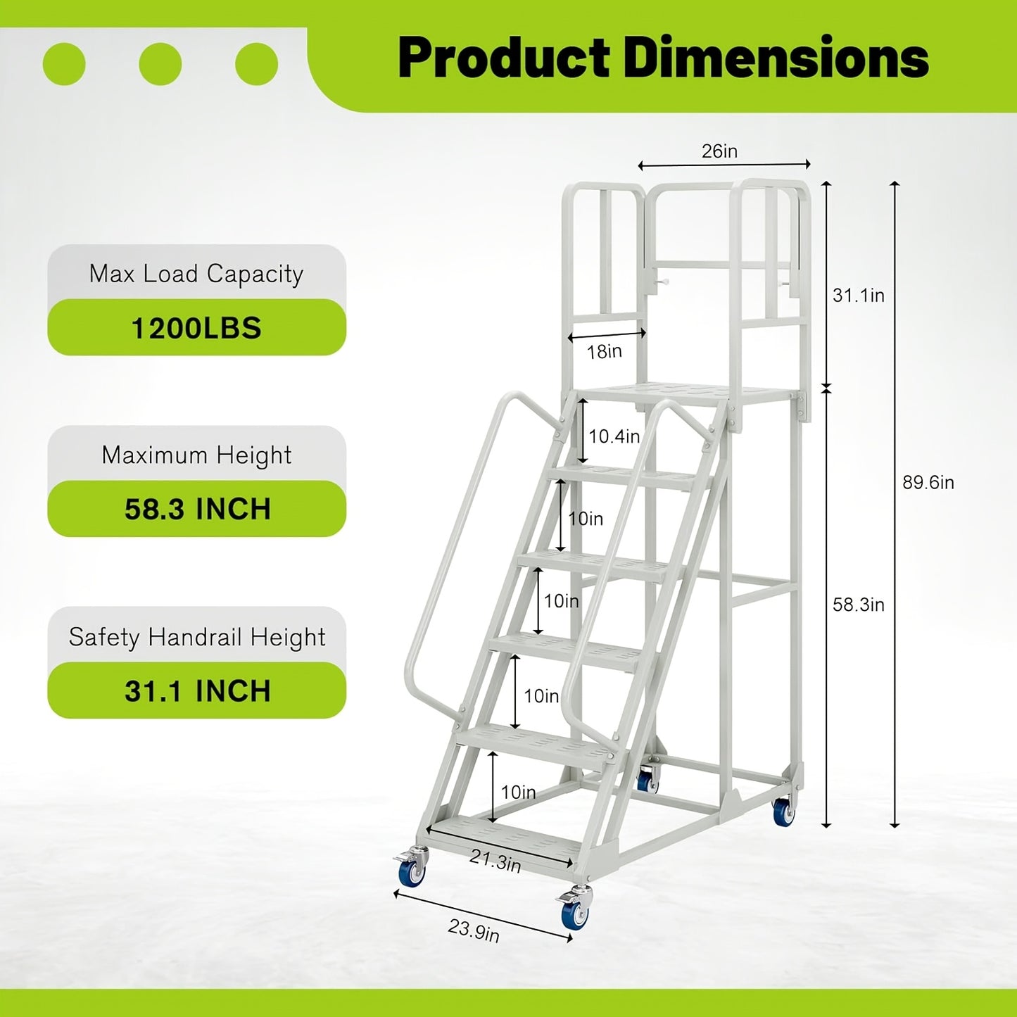 A 6-Step Rolling Ladder Measuring 24 Inches Wide And 90 Inches High, Featuring Dual Handrails And Lockable Wheels, Capable of Supporting Up to 1200 Pounds. This Heavy-Duty Mobile Platform Ladder Is Ideal for Use in Warehouses, Supermarkets