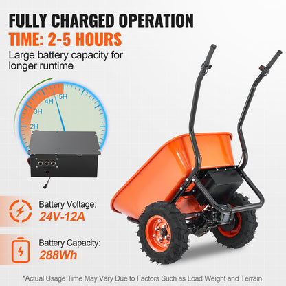 Electric Wheelbarrow Cart, 500W Powered Utility Garden Wagon Dump Cart, 4.5 Cu. Ft. Load & 573 lbs Capacity with Metal Handle & 16" Track Wheels, Two Wheel Barrow Yard Cart & Wagons for Lawn