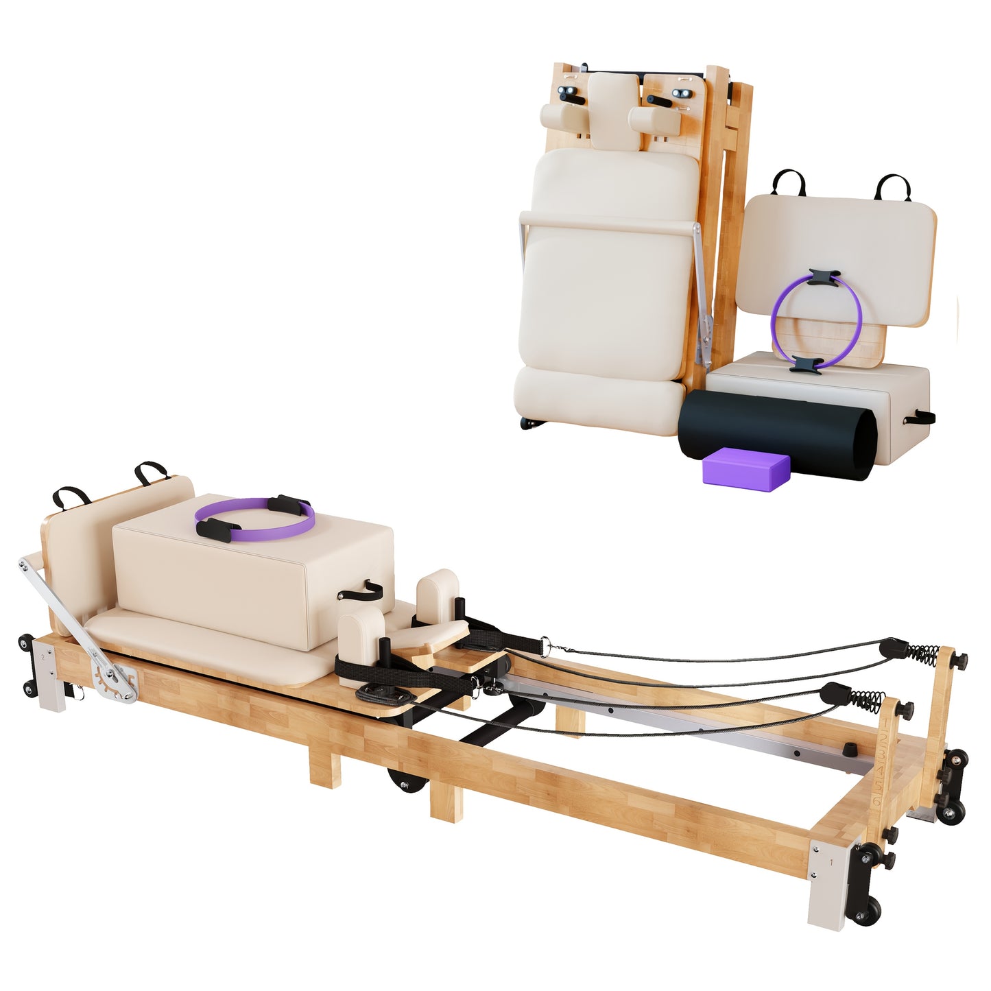 Pilates Reformer Machine, 97"L Foldable Studio Grade Pilates Equipment for Gym And Home, Oak Wood Pilates Reformer with Versatile Reformer Additions