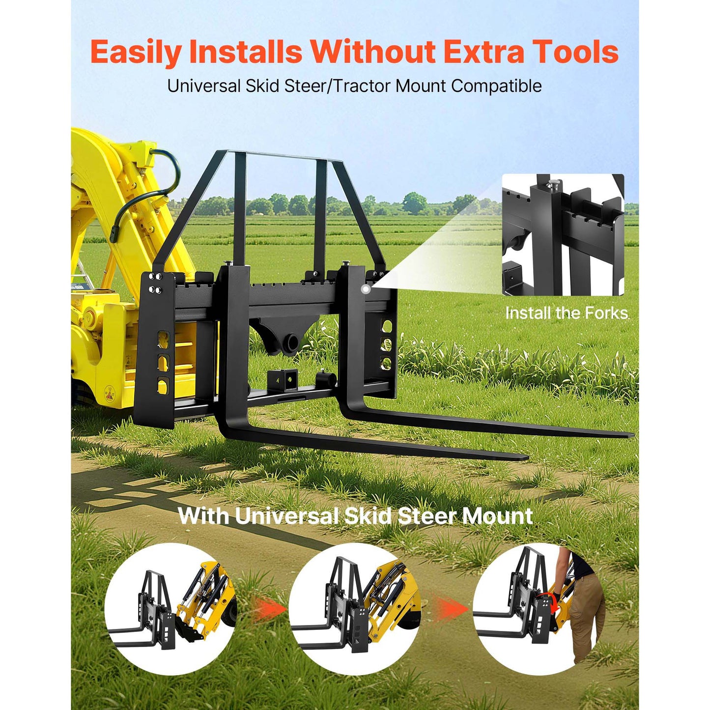 Pallet Fork Frame Attachment with 48-inch Skid Steer Pallet Forks 4000 lbs