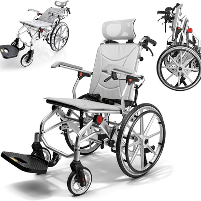 4-in-1 Reclining Wheelchairs, Waterproof Shower Bathroom Wheelchair, Transport Wheelchairs with Elevating Leg Rests And Potty- 18.5" Wide Seat Heavy Duty Recliner Wheel Chair for Seniors & Adults