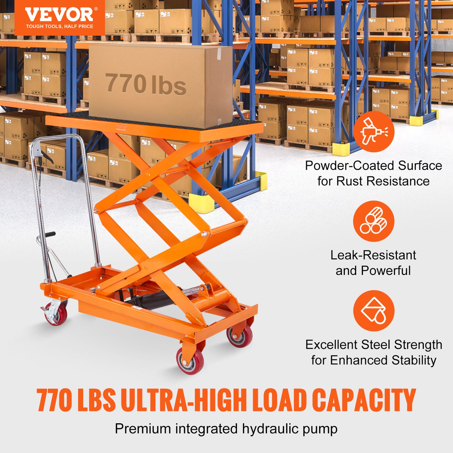 Hydraulic Lift Table Cart, 770/1760lbs Capacity 59" Lifting Height, Manual Double Scissor Lift Table with 4 Wheels and Non-slip Pad, Hydraulic Scissor Cart for Material Handling and Transportation