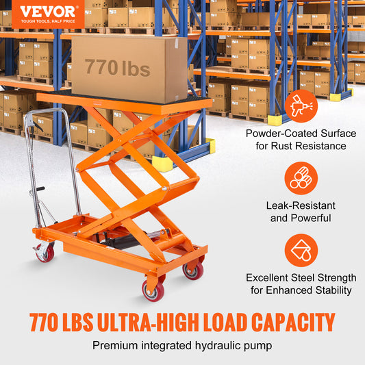Hydraulic Lift Table Cart, 770/1760lbs Capacity 59" Lifting Height, Manual Double Scissor Lift Table with 4 Wheels and Non-slip Pad, Hydraulic Scissor Cart for Material Handling and Transportation