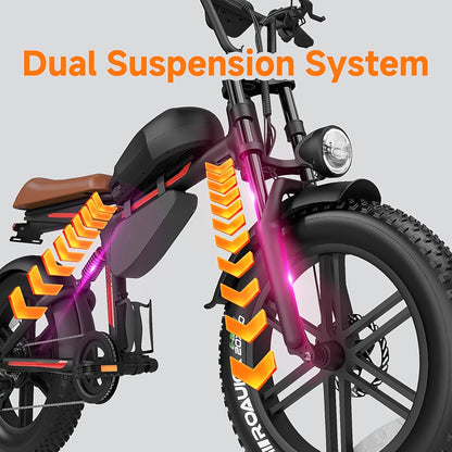 Retro Motorcycle Style Electric Bike for Adults, 20"x4.0" Tire, 48V 18Ah Battery for 60-90 Miles Long Range & Fast Speed, 7-Speed, Ideal for City Commuting, Trail Riding And Leisure Cruising.