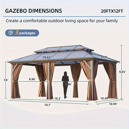 12'X20' Hardtop Gazebo, Aluminum Frame Permanent Pavilion with Curtains And Netting, Outdoor Polycarbonate Double Roof Canopy, for Patio, Lawns, Garden