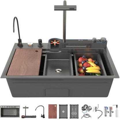 33x22x10in Black Smart Kitchen Sink Digital Display Ambient Light Multifunction Waterfall Kitchen Sinks 8 Gauge Metal Black Stainless Steel Single Bowl Workstation Sink with Soap Dispenser