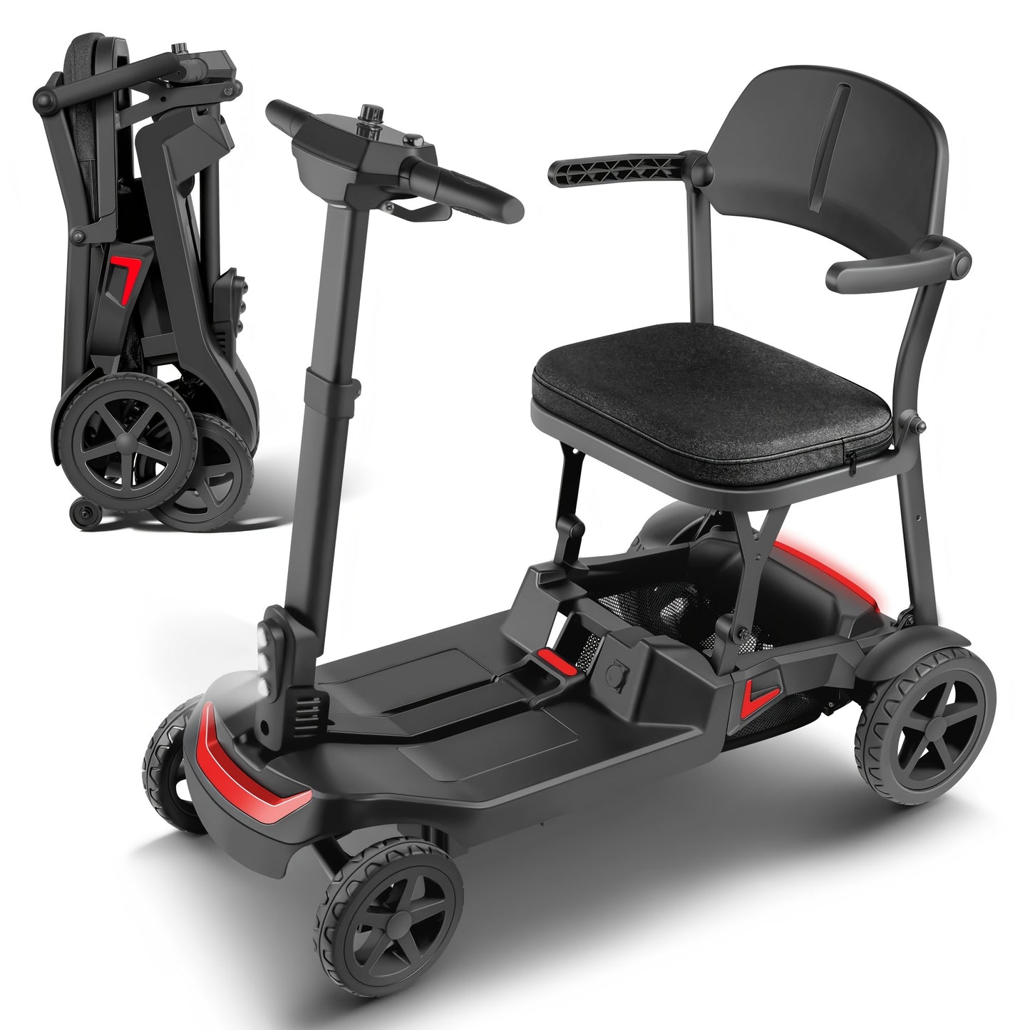 A Lightweight, Foldable Four-wheeled Electric Mobility Scooter Suitable For Seniors And Adults, Equipped With Dual Removable Batteries, Meeting Air Travel Standards, Offering A Long Range, And A Top Speed Of 5 Mph