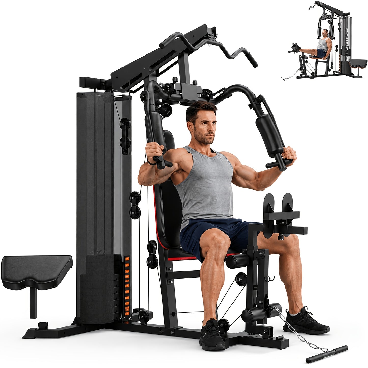 Multifunctional for home Gym Equipment, 150LBS Rustproof Weight Stack All-In-One Workout Machine, 35+ Exercise Functions with Adjustable Seat & Pulley System, Stable H-Base Full Body Trainer for Home, Garage & Apartment, Without Battery
