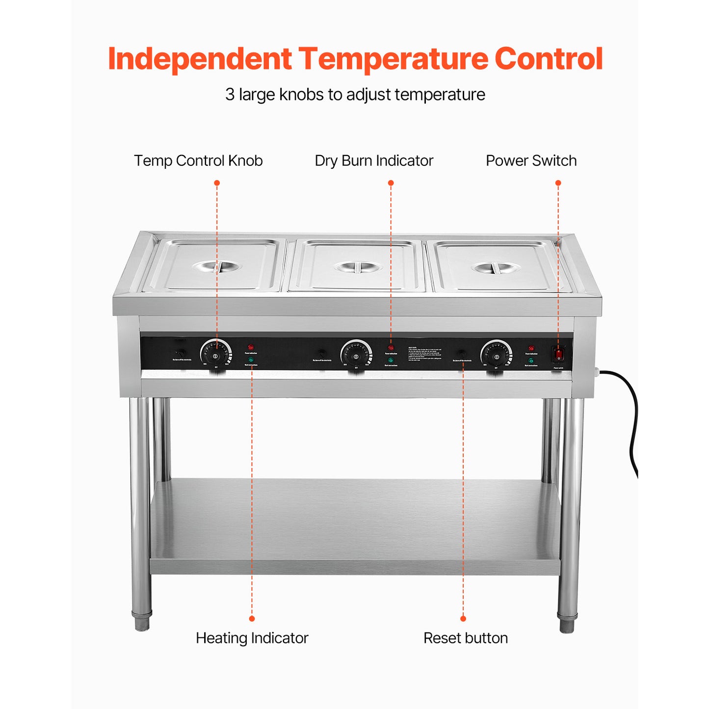 3-Pan/4-Pan/5-Pan Commercial Food Warmer Steam Table with Independent Temperature Control, 110V/220V