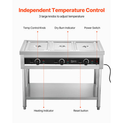 3-Pan/4-Pan/5-Pan Commercial Food Warmer Steam Table with Independent Temperature Control, 110V/220V