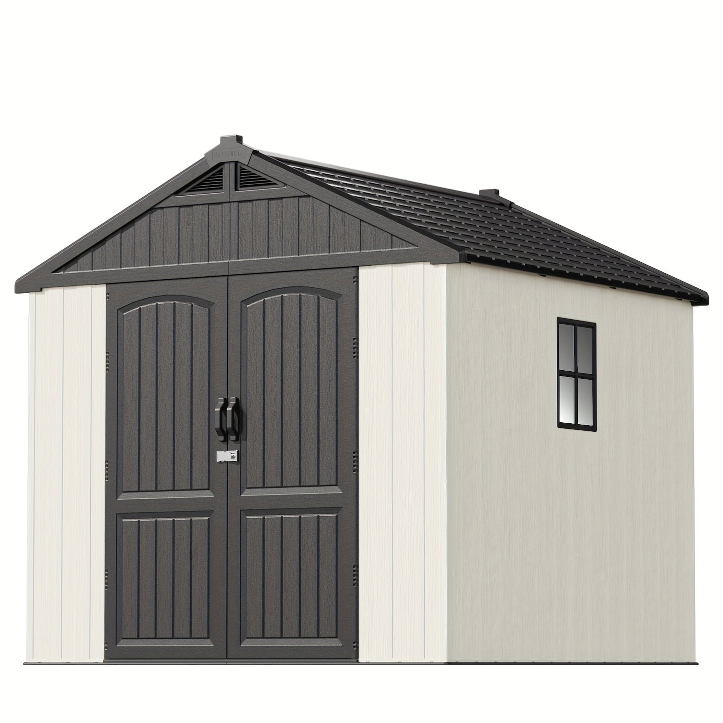 GUNJI 8X8 FT Outdoor Storage Shed with Lockable Door, Large 403 Cuft Resin Shed with Floor Roof Windows Vents, All-Weather Plastic Storage Shed Tool Organizer for Backyard Garden Patio Lawn