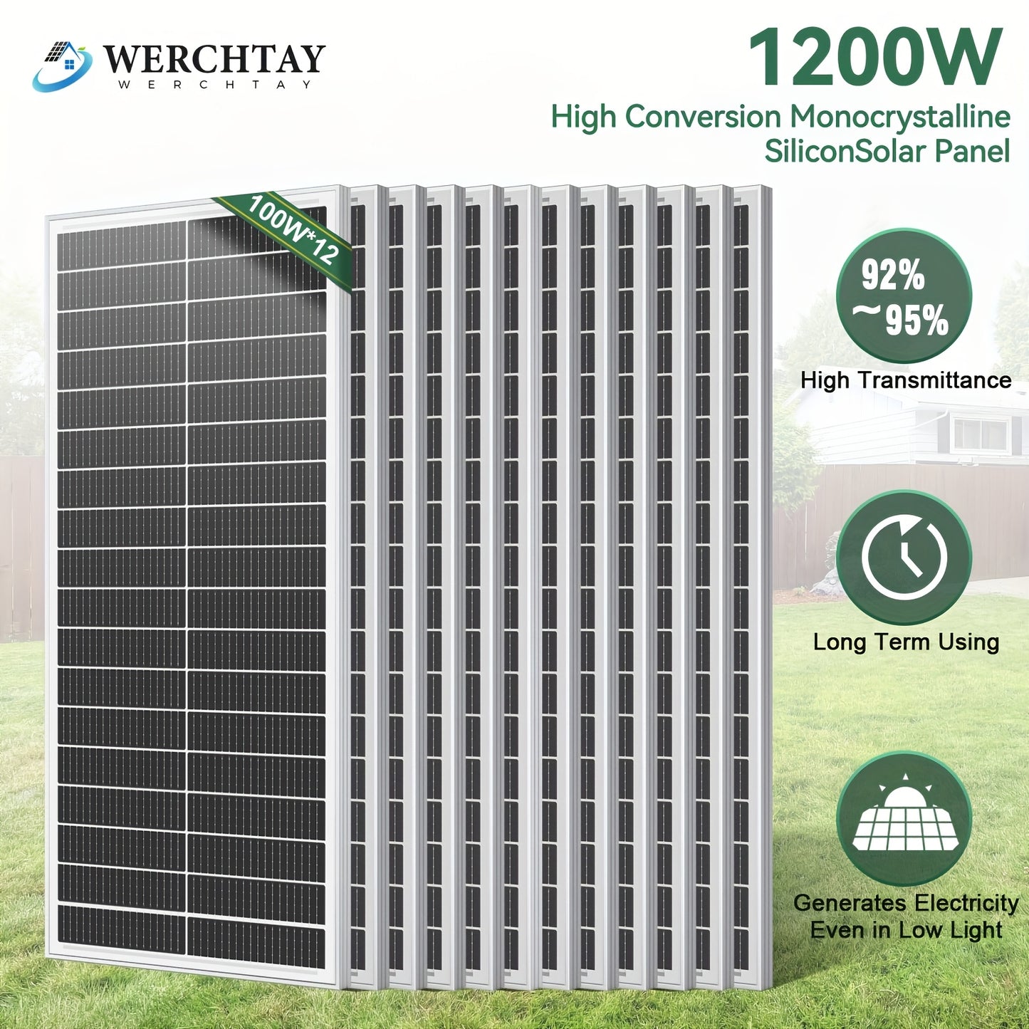 1200W High-efficiency Conversion Monocrystalline Solar Panels, 12pcs Of 100W Solar Panels, 24% High-efficiency Conversion Monocrystalline Technology Solar Panels, Suitable For RVs, Boats, Homes, Rooftops, Camping, Farms, And Other Off-grid Applic