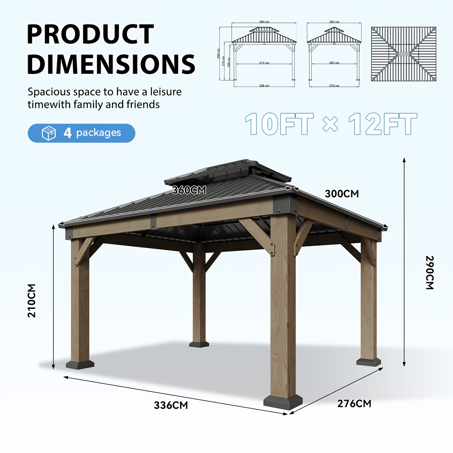10' X 10' / 12' X 10' Outdoor Wooden Gazebo with Steel Double Roof, Cedar Pavilion for Patio, Garden And Backyard Use