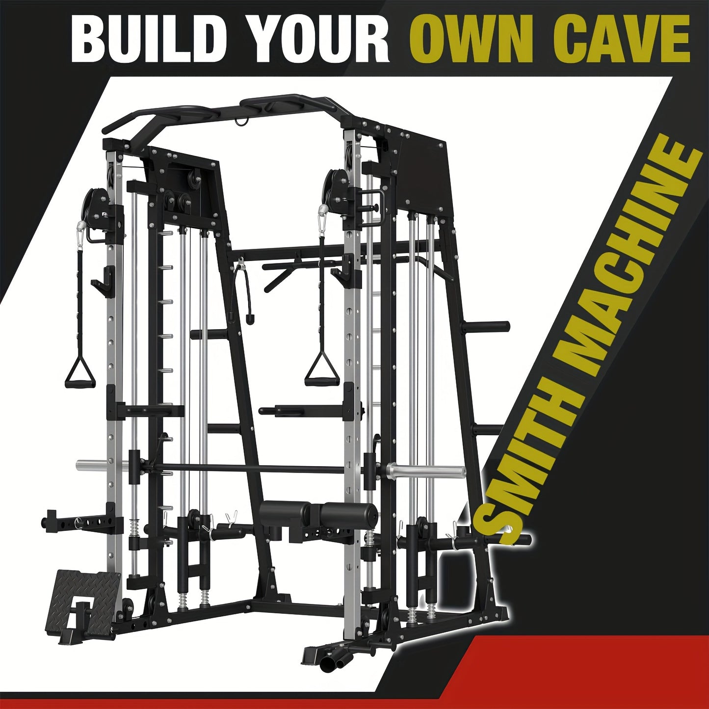 ALL-IN-ONE 2200lbs Smith Machine Home Gym, Squat Rack with LAT-Pull Down System & Cable Crossover Machine, Training Equipment with Weight Bar, 360° Landmine, Barbell Holders And Other Attachments, Total Body Strength Training Cage