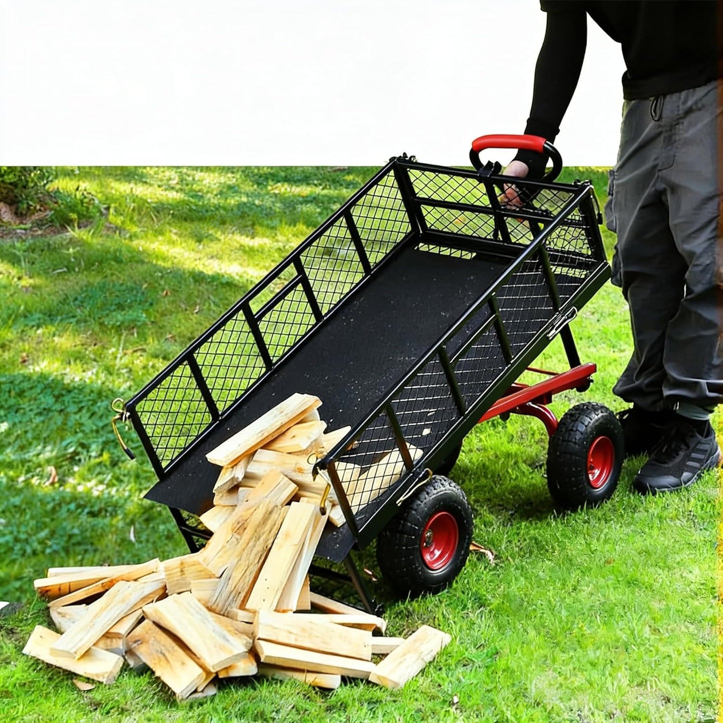 Heavy Duty Garden Utility Cart, Metal Dump Wagon with Removable Sides and 180° Rotating Handle, Yard Garden Cart on Wheels for Outdoor
