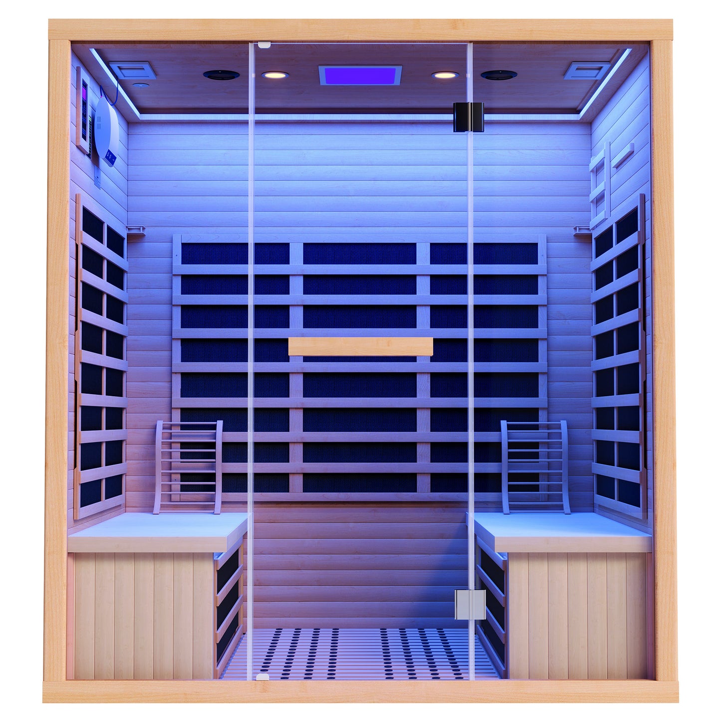 4-Person Infrared Sauna, 2145W Hemlock Wood Indoor Spa with Foot Warmer& 7-Color Light Therapy, Ambient Light Strips 63.2"x47.2"x75.2"