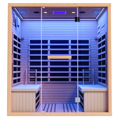 4-Person Infrared Sauna, 2145W Hemlock Wood Indoor Spa with Foot Warmer& 7-Color Light Therapy, Ambient Light Strips 63.2"x47.2"x75.2"