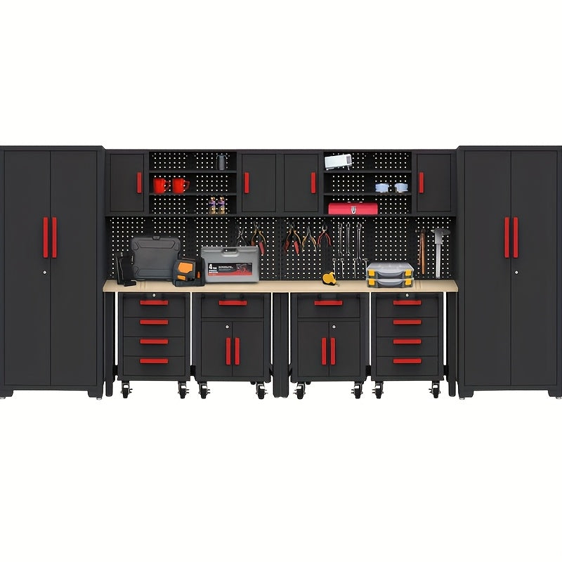 HPDMC 12pcs Heavy-Duty Steel Rolling Tool Box with Lockable Drawers & Cabinet - Heavy-Duty Steel Construction, 2-Tier Shelves, 3 Drawers, 2 Cabinets, Red Accents for Garage Workshop Storage (Black/Red)