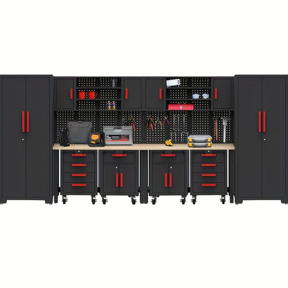 HPDMC 12pcs Heavy-Duty Steel Rolling Tool Box with Lockable Drawers & Cabinet - Heavy-Duty Steel Construction, 2-Tier Shelves, 3 Drawers, 2 Cabinets, Red Accents for Garage Workshop Storage (Black/Red)