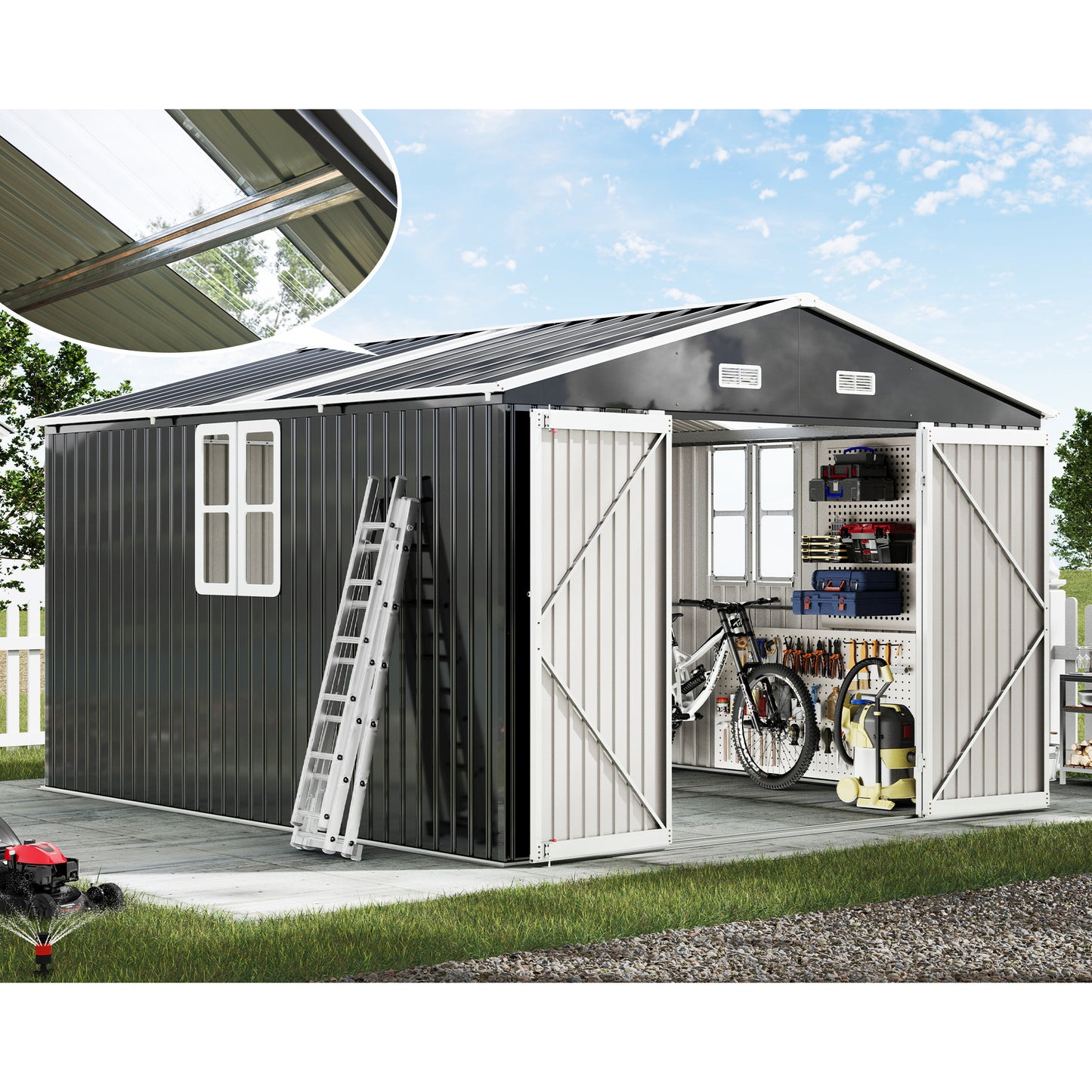 Jocisland 10X12X7 FT Galvanized Steel Storage Shed with 2 4-Pane Windows Hinged Double Doors, Outdoor Shed for Backyard, Garden, Patio