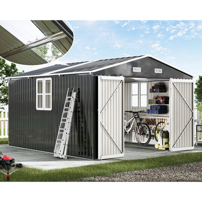 Jocisland 10X12X7 FT Galvanized Steel Storage Shed with 2 4-Pane Windows Hinged Double Doors, Outdoor Shed for Backyard, Garden, Patio
