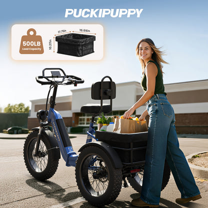 Full Suspension Electric Tricycle for Adults, Rear Mounted High-power Motor, 20" Tire Wide Seat Electric Trike with Reverse, 48V 720Wh Battery 75 Miles 19MPH Cargo Tricycle with Torque Sensor, Large Basket, Turn Signal