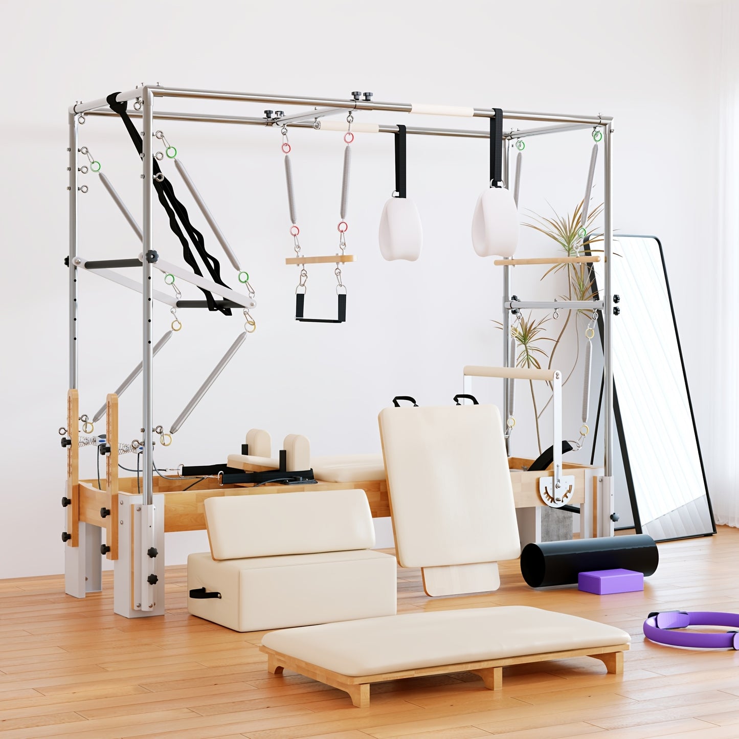 Premium 3-In-1 Wood Pilates Reformer with Cadillac Trapeze, 800Lb Capacity Home Gym System with Jumpboard, Sitting Box And Complete Set of Additions