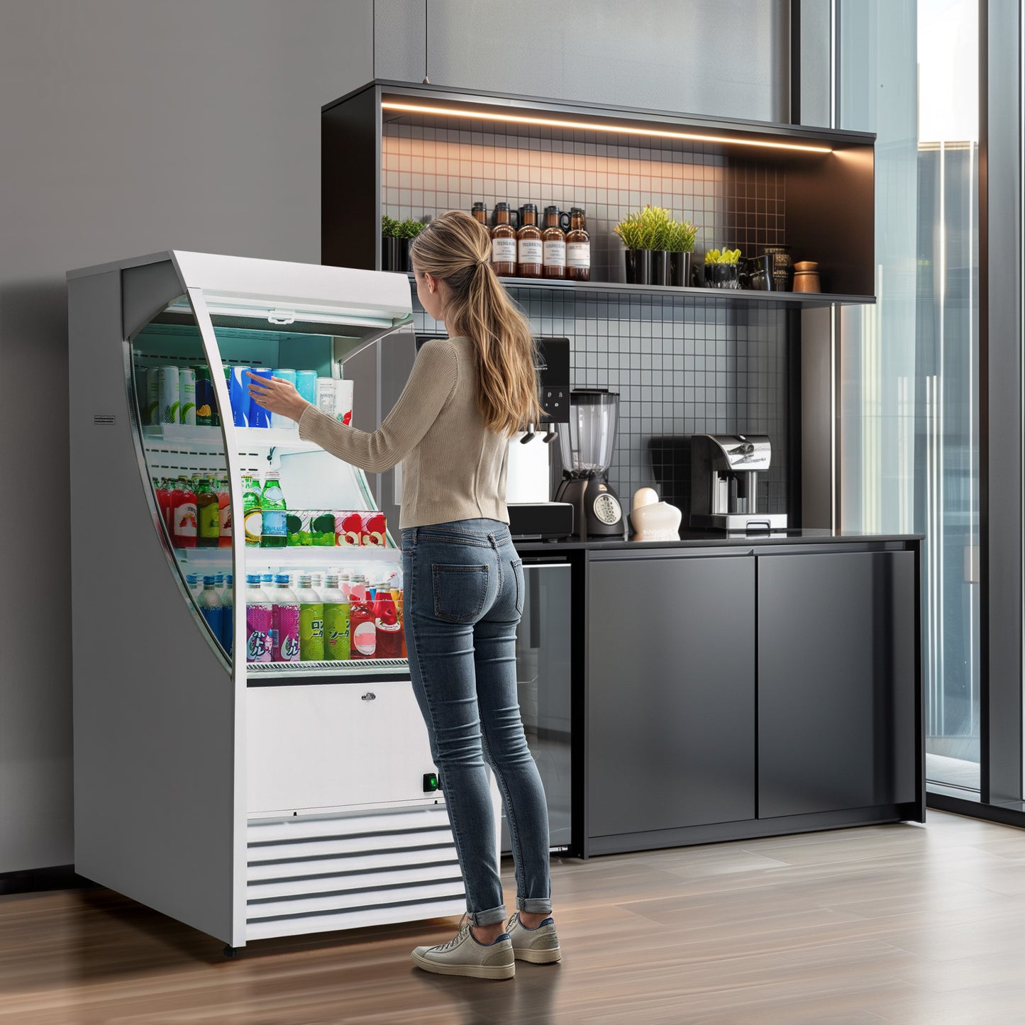 Refrigerator for Commercial Displays in Restaurants, a Grab-And-Go Showcase for Cafes And Shops, Featuring a 6.7 Cu. Ft. Capacity And a Vertical Air Curtain Design Measuring 27.6 Inches