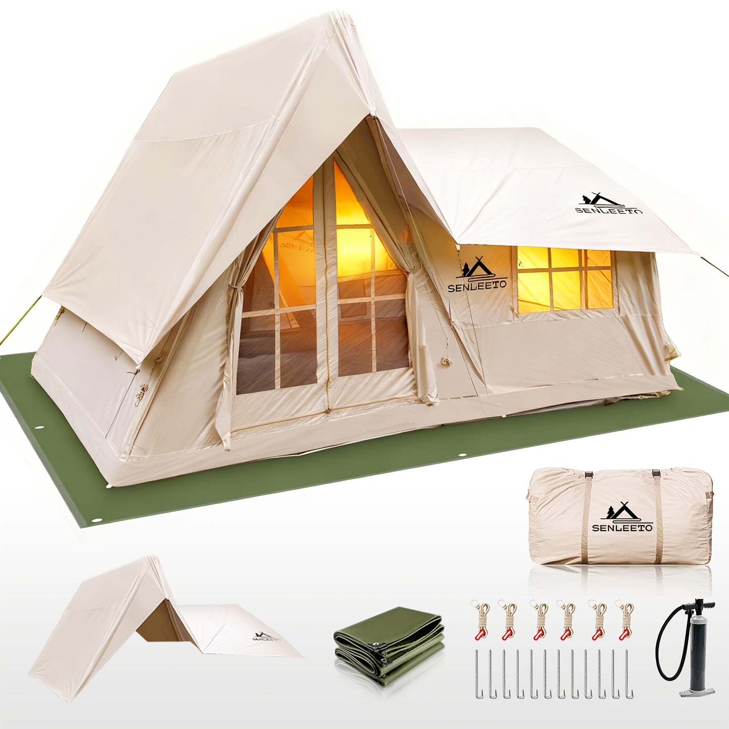 Large Inflatable Tent For 8-10 Person - 135 SQFT Inflatable Cabin Tents For Camping Instant Setup Blow Up Tent 4 Season Inflatable Tents With Stove Jack