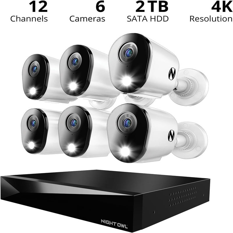 Night Owl 2 - Way Audio 12 Channel DVR Video Home Security Camera System with 6 Wired 4K HD Indoor Outdoor Deterrence Cameras and 2TB Hard Drive Add up to 4 Wi - Fi Cameras 6 Camera