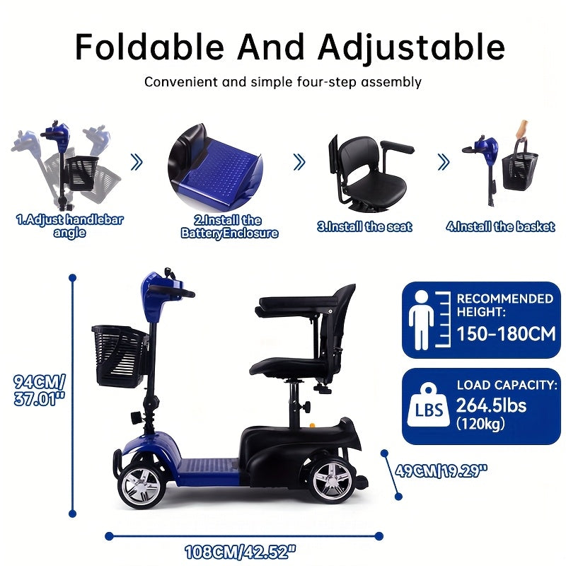Mobility Aids for The, Four-wheel Foldable Mobility Scooters for Adults, 250w 12V, 12ah 15 Mile Long Range, with LED Headlights And A Detachable Storage Basket. Comes with A Tool Kit, Charger, And Instruction Manual.Holiday Surprise Gift