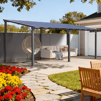 20'x10' Wall Mounted Carport - Hard Top Lean-to Wall Mounted Aluminum Awning With Canopy Roof, Outdoor All-Weather Cover For Patio, Backyard, Deck, Shade & Rain Protection