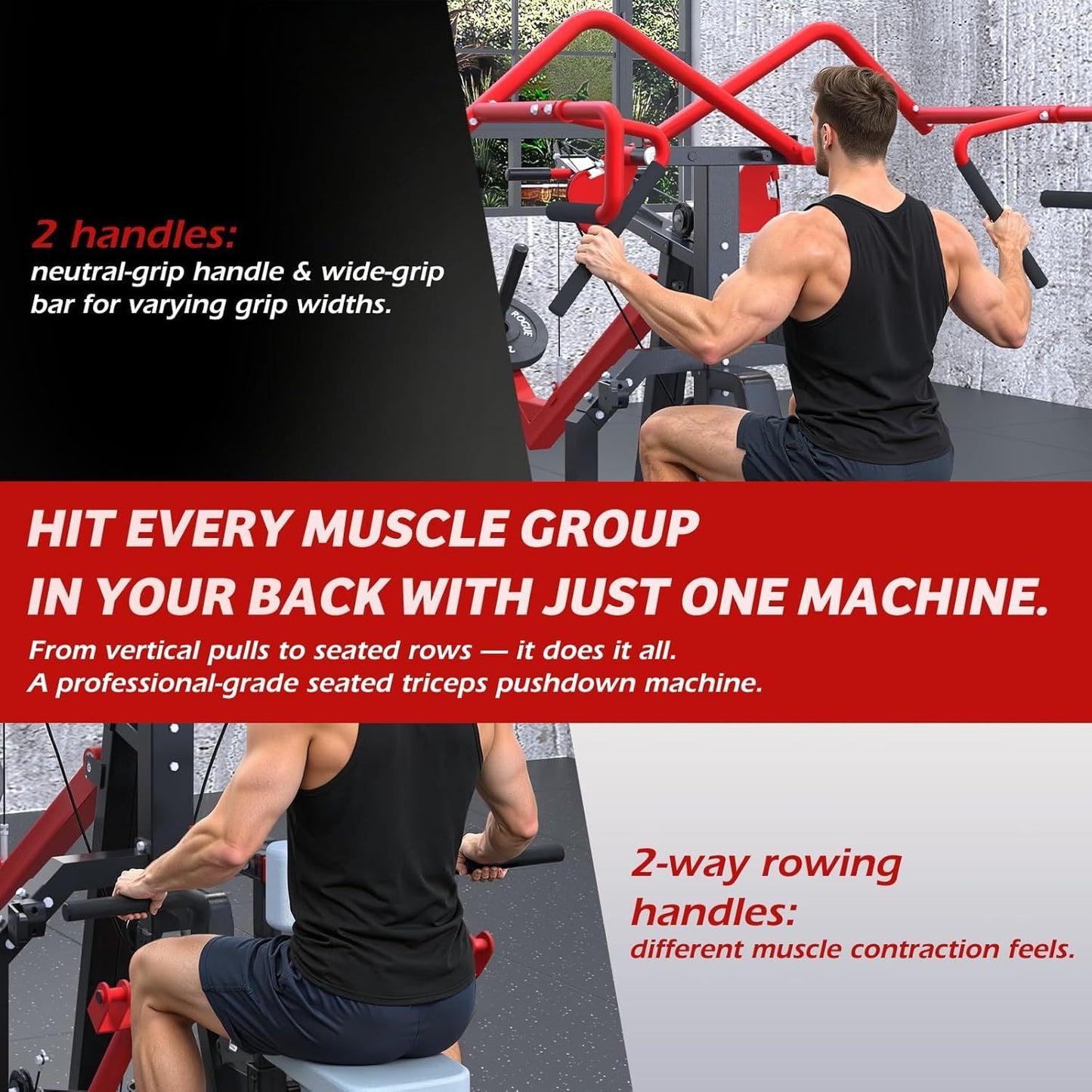 3-in-1 LAT Pull Down Scissor-Style feat Seated Row & Tricep Machine, Back Workout Plate Loaded Machine, LAT Tower with Cable Row Attachment, Home Gym Pulley System Machine