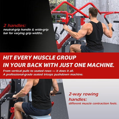 3-in-1 LAT Pull Down Scissor-Style feat Seated Row & Tricep Machine, Back Workout Plate Loaded Machine, LAT Tower with Cable Row Attachment, Home Gym Pulley System Machine