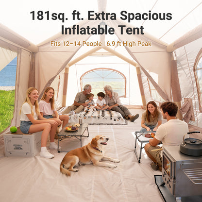 12 Person Inflatable Camping Tent, Easy Setup Blow Up Tent with Hand Pump, PU3000mm Waterproof & Breathable 4 Season Glamping Tent for Outdoor Camping