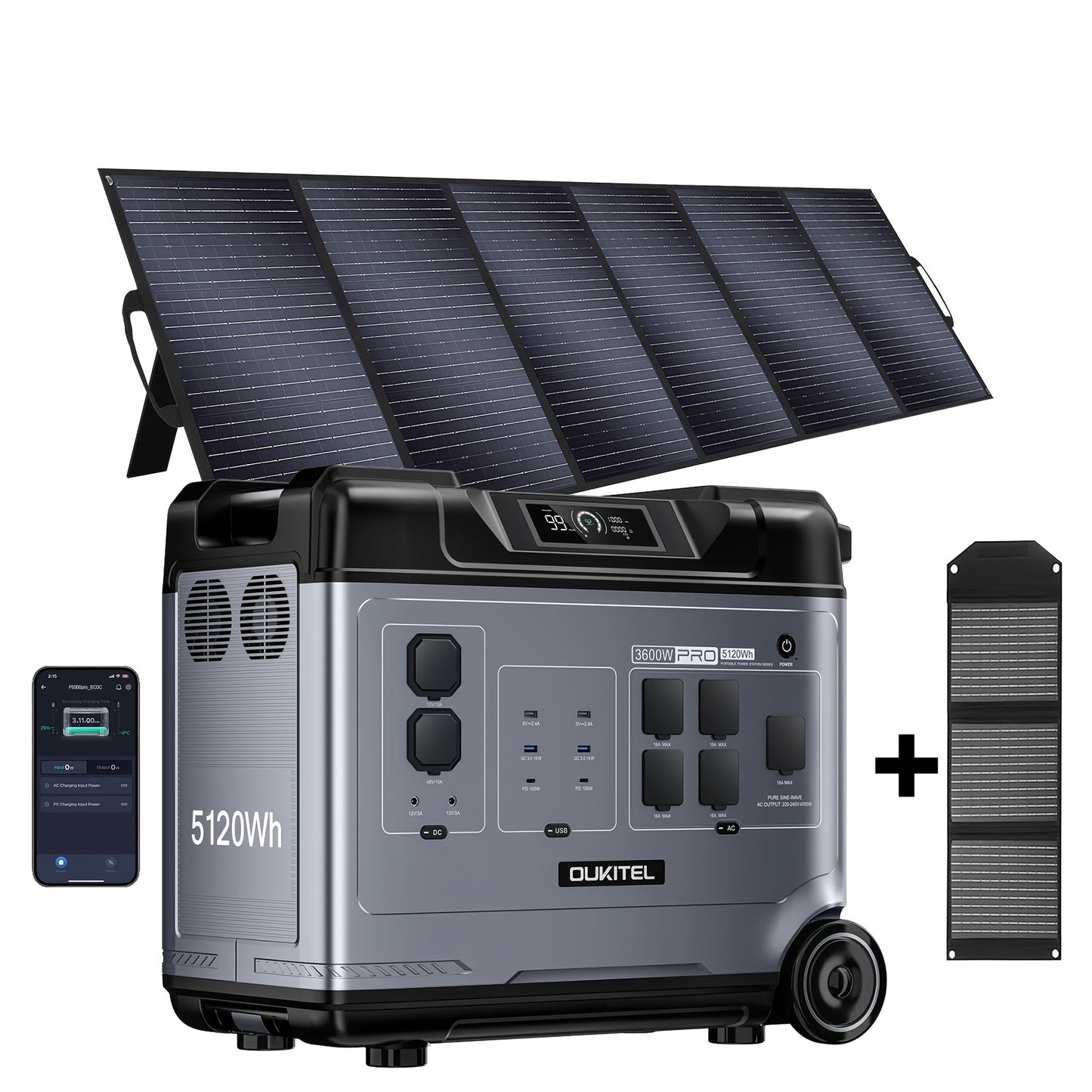 OUKITEL P5000 Pro 3600W Solar Generator, Optional 500W Solar Panels, 5120Wh Solar Power Station with 5 AC Outlets (5000W Peak), 1800W Fast Charging, Emergency Battery Backup for Home, Camping & RV (Free 30W Solar Panel)