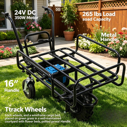 24V DC 350W Electric Transportation Cart, 265Lbs Load Utility Garden Dump Cart with Metal Handle And 16' Track Wheels, Heavy Duty Yard Lawn Wagon for Backyard Farm Outdoor Gardening Cargo Transport