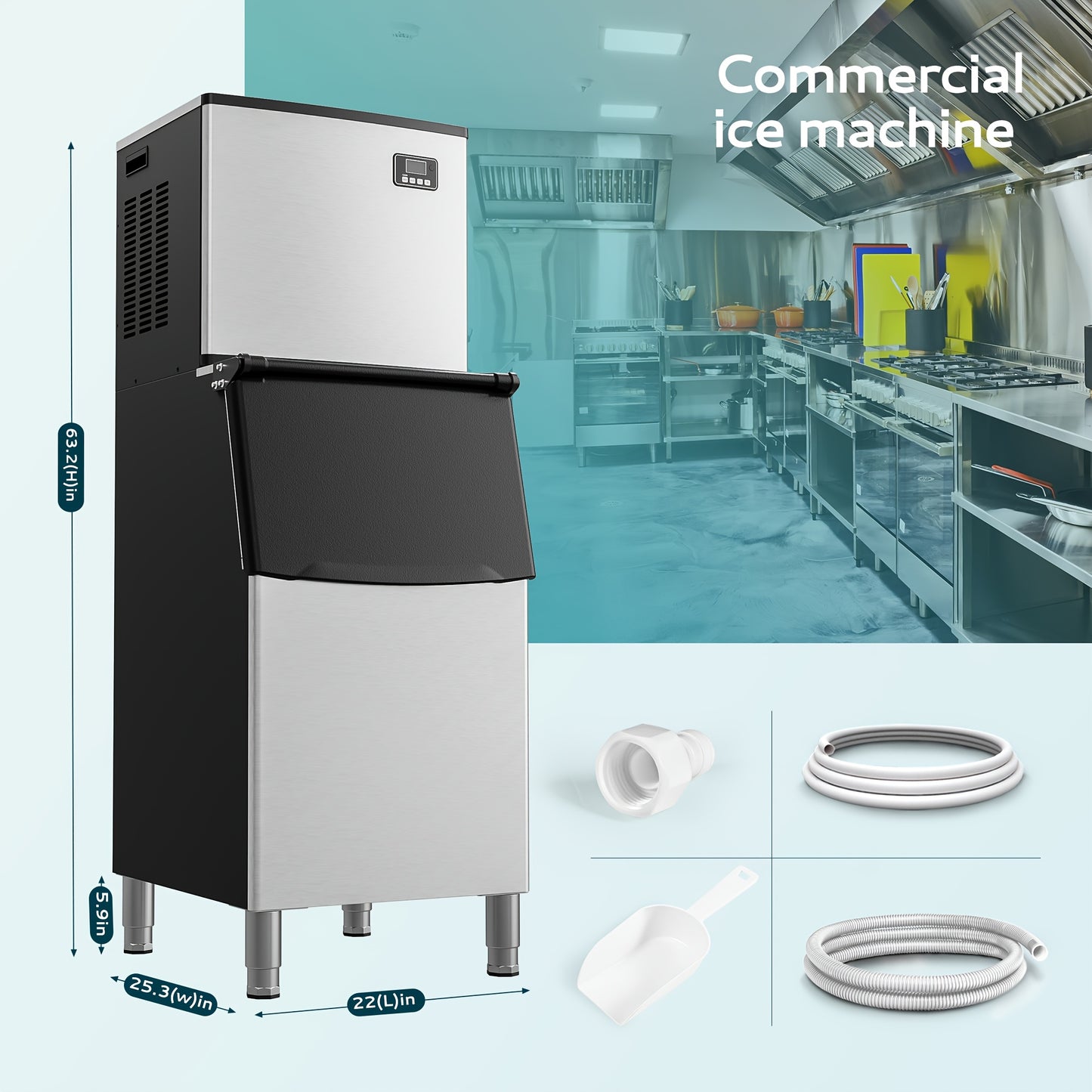 Industrial Ice Maker with a Capacity of 400 Pounds Per Day, Featuring a 250-Pound Storage Bin, Producing Ice in 8 to 15 Minutes, Made of Stainless Steel, Suitable for Bars, Cafes, Restaurants, And Businesses