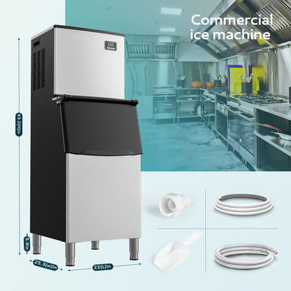 Industrial Ice Maker with a Capacity of 400 Pounds Per Day, Featuring a 250-Pound Storage Bin, Producing Ice in 8 to 15 Minutes, Made of Stainless Steel, Suitable for Bars, Cafes, Restaurants, And Businesses